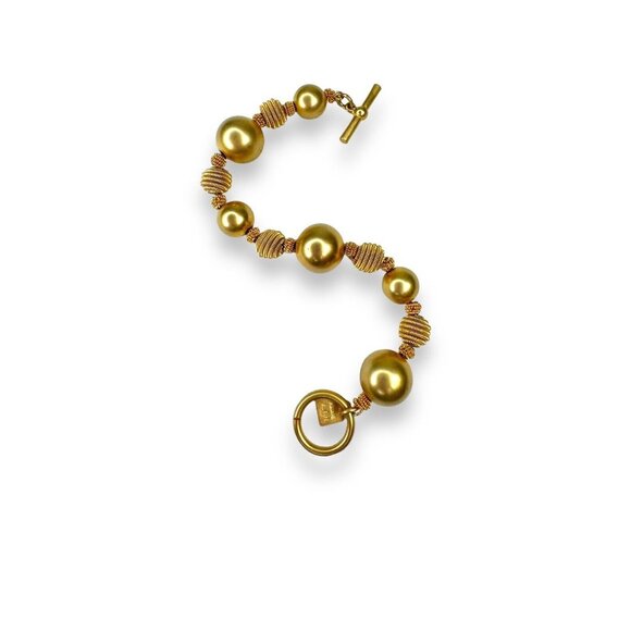 Y2K Anne Klein Chunky Brushed Gold Tone Beaded Bracelet 7.75” Toggle Clasp - Picture 6 of 10